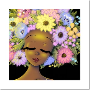 African American Woman and Flowery Hair with a Glow Posters and Art